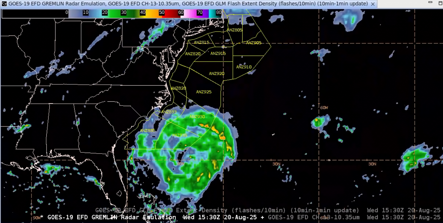 Figure 4: GOES-East GREMLIN output valid at 1530 UTC 20 August 2025. This image was exported from AWIPS, and display files can be shared upon request.