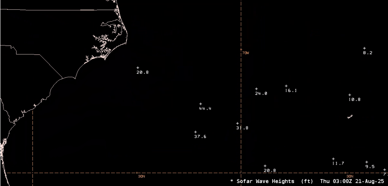 Figure 8: Sofar buoy wave height observations at ~0300 UTC 21 August 2025. This image was exported from AWIPS, and can be shared upon request.