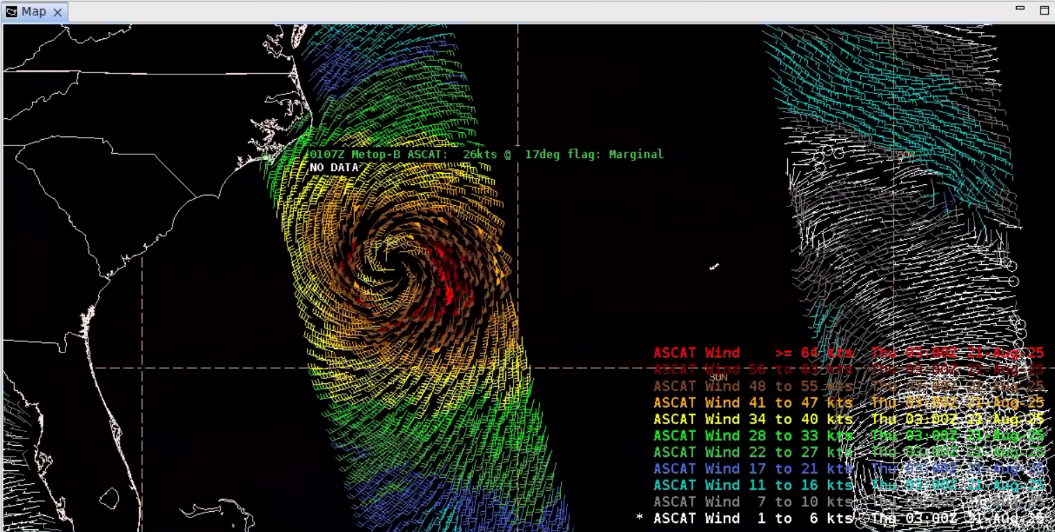Figure 9: Metop-B ASCAT pass valid at ~0105 UTC 21 August 2025. This image was exported from AWIPS, and can be shared upon request.