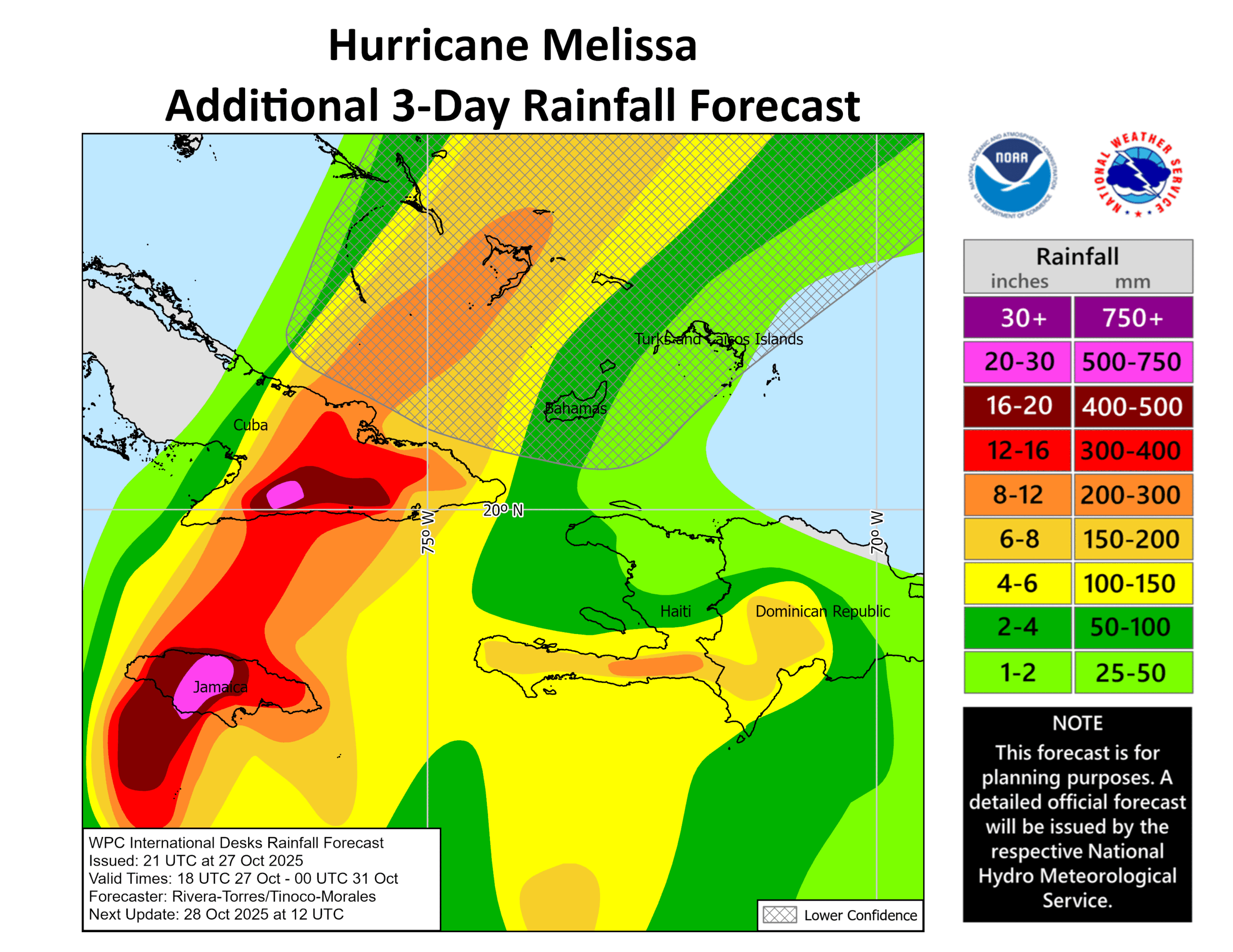 Figure 4: WPC International Desks Rainfall Forecast, issued 2100 UTC 27 October 2025, valid for times 1800 UTC 27 October to 0000 UTC 31 October 2025.