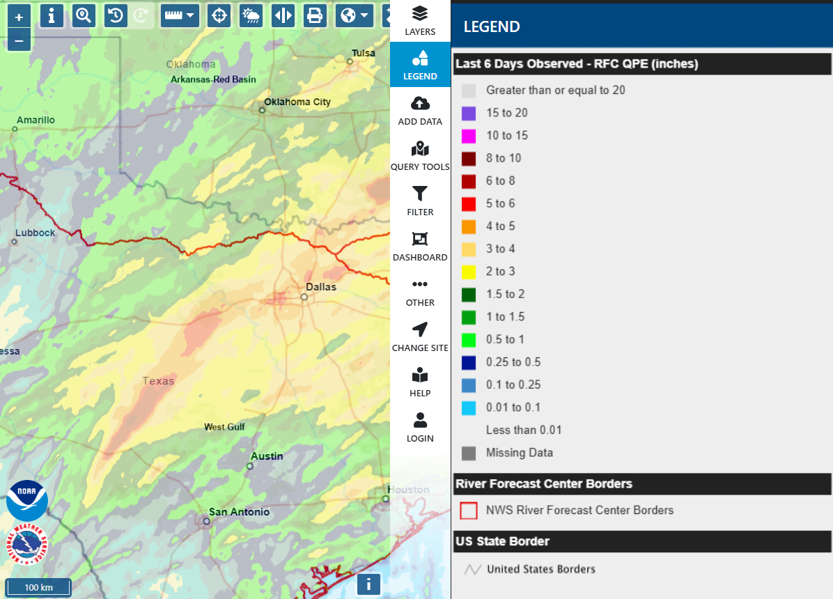 Rainfall totals over the past six days