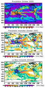 Figure 1. Monthly precipitation and anomalies in October 2025 and La Nina composite for October.