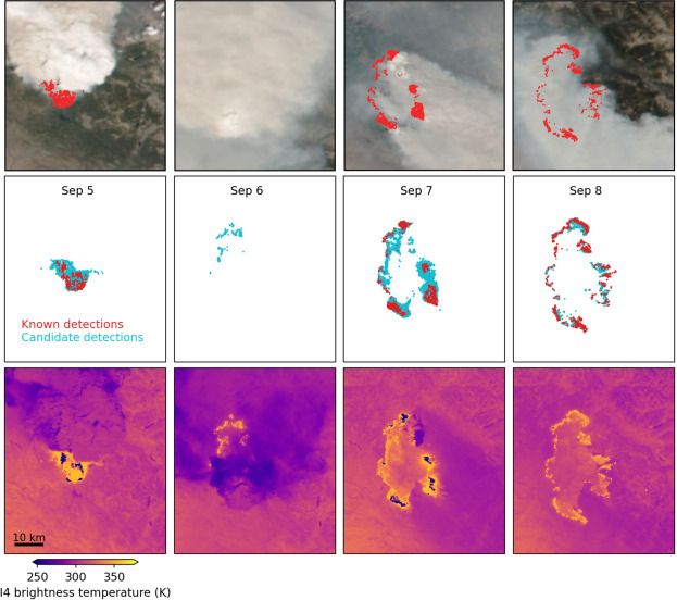 Satellite imagery of the Creek Fire, identifying active and candidate fire pixels.