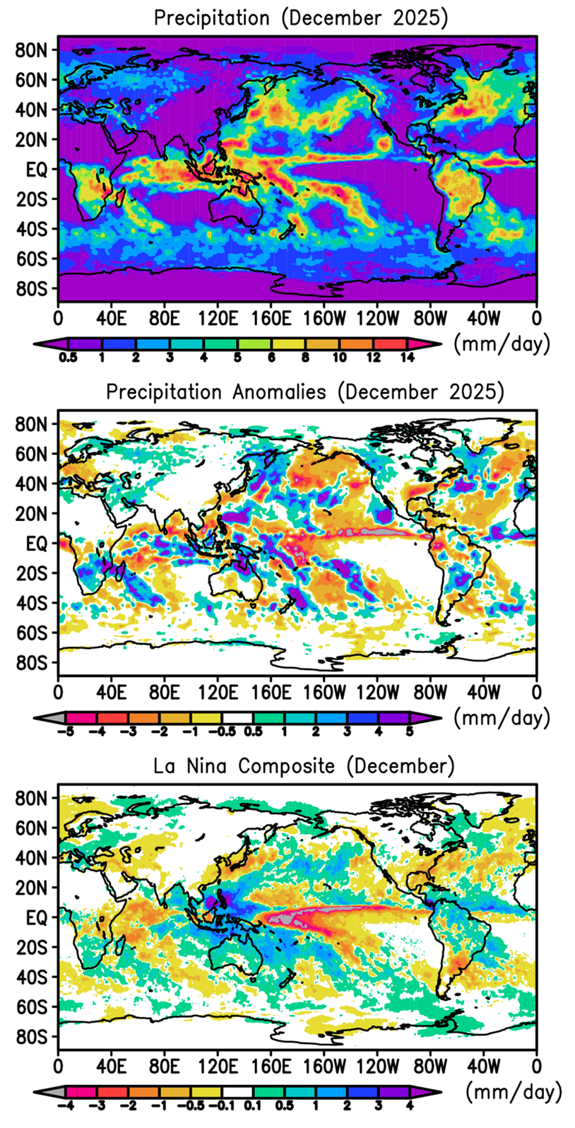 Figure 1. Monthly precipitation and anomalies for December 2025 and the La Nina composite for December.
