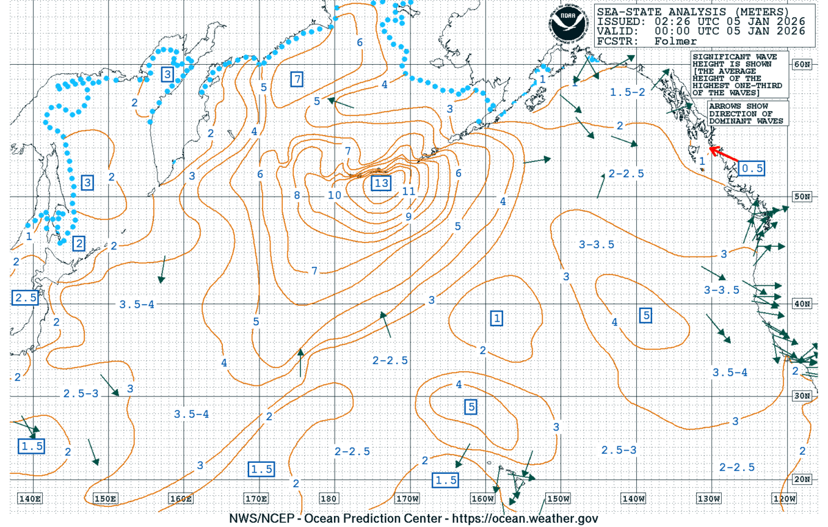 NWS OPC North Pacific Sea-State Analysis valid at 0000 UTC 05 January 2026.