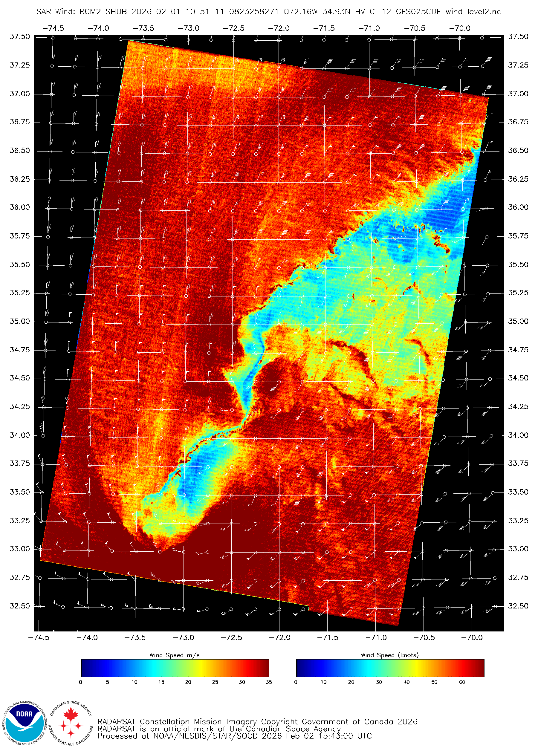 Figure 8: RCM-2 SAR Imagery valid ~1050 UTC 01 February 2026. RADARSAT Constellation Mission Imagery Copyright Government of Canada 2024. RADARSAT is an official mark of the Canadian Space Agency. Credit: NESDIS/STAR