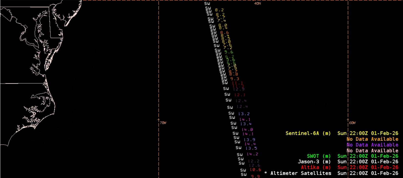 Figure 9: SWOT altimeter pass at ~1930 UTC 01 February 2026. This image was exported from AWIPS, and display files can be shared upon request.