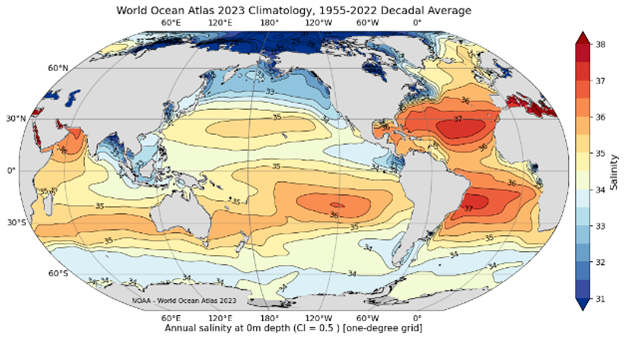 This is a map of averaged decades annual salinity objectively analyzed mean at the surface from the World Ocean Atlas (WOA), a companion to the WOD, in which Alexey also played an important role.