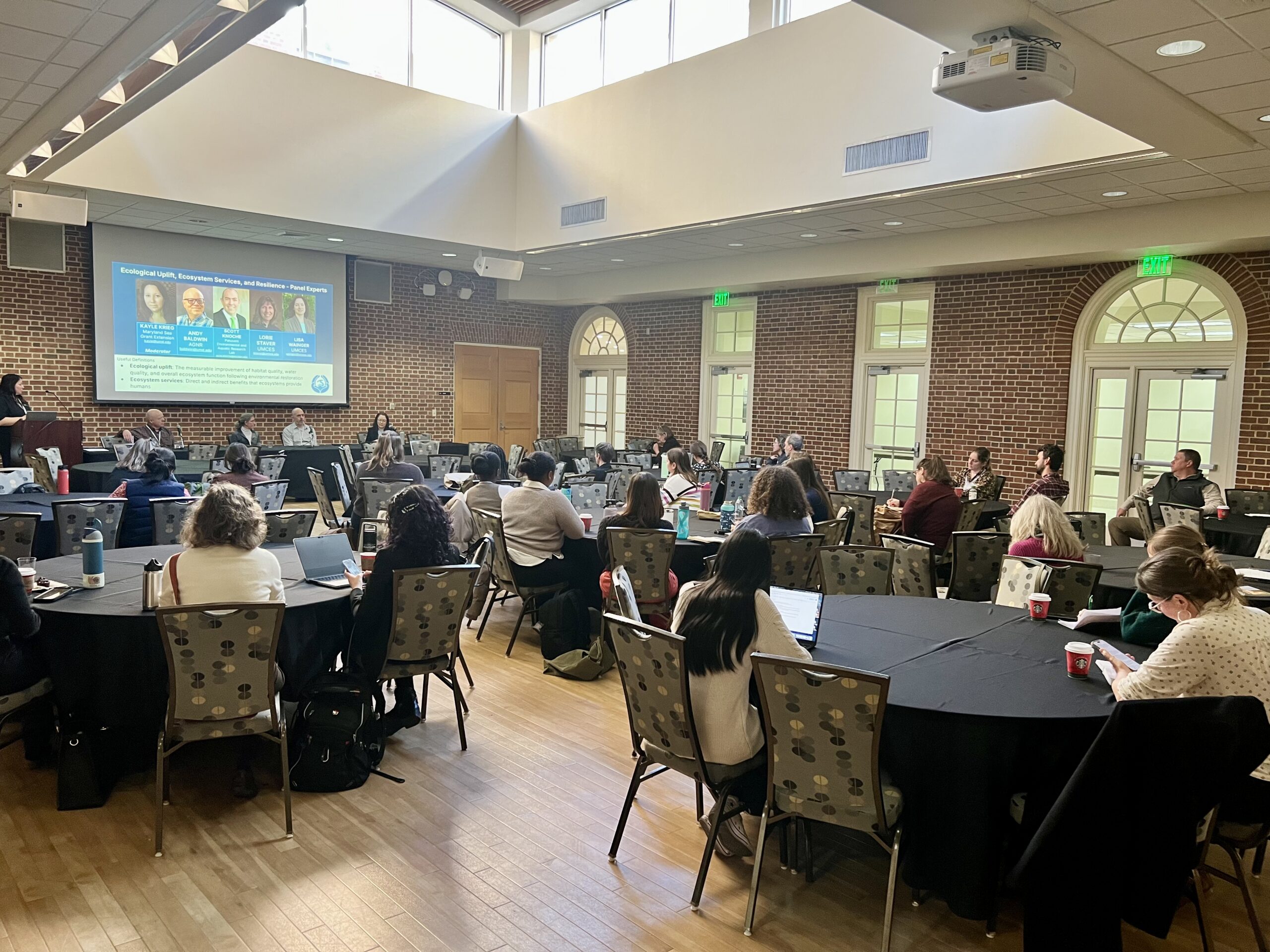 The "Ecological Uplift Ecosystem Services and Resilience" session was moderated by Kayle Krieg. Panelists - Lisa Wainger, Scott Knoche, Andy Baldwin, Lorie Staver.
Photo by Jennifer Collins