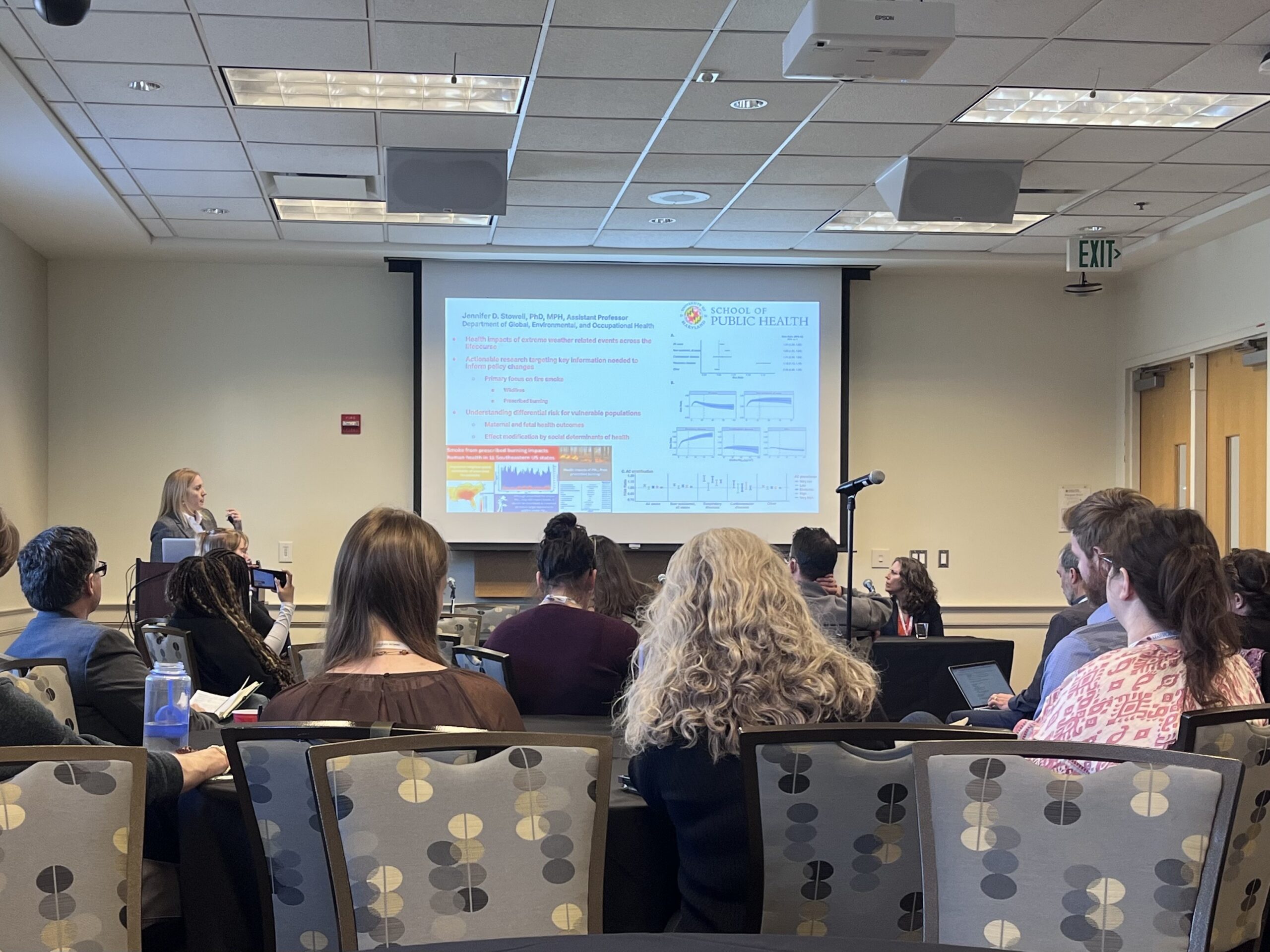 The session "Health impacts of climate change" was moderated by Katharine Stover. Panelists - Amy Sapkota, Stephanie Schollaert Uz, Robyn Gilden.
Photo by Jennifer Collins
