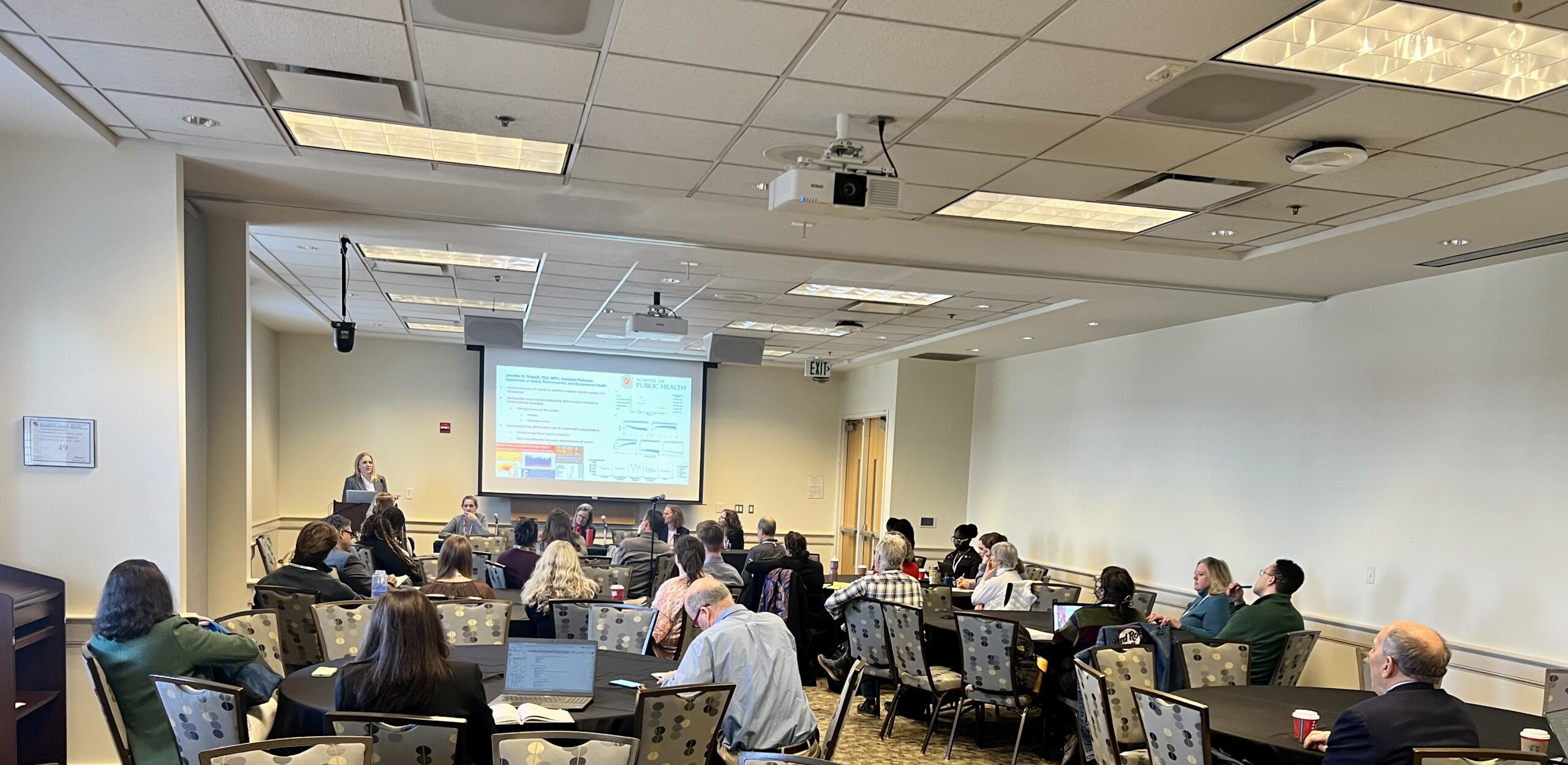 The session "Health impacts of climate change" was moderated by Katharine Stover. Panelists - Amy Sapkota, Stephanie Schollaert Uz, Robyn Gilden.
Photo by Jennifer Collins