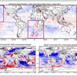 Figure: (Top) Root-mean-square error between predictions (from the model trained with both contaminated and non-contaminated data) and ERA5-derived TCWV. The purple boxes highlight areas with artifacts resembling satellite orbit patterns. (Bottom) Same as the top figure but with predictions from the CNN model trained with 100% and 25% contaminated data. Spatial artifacts in the top figure are not as noticeable here.