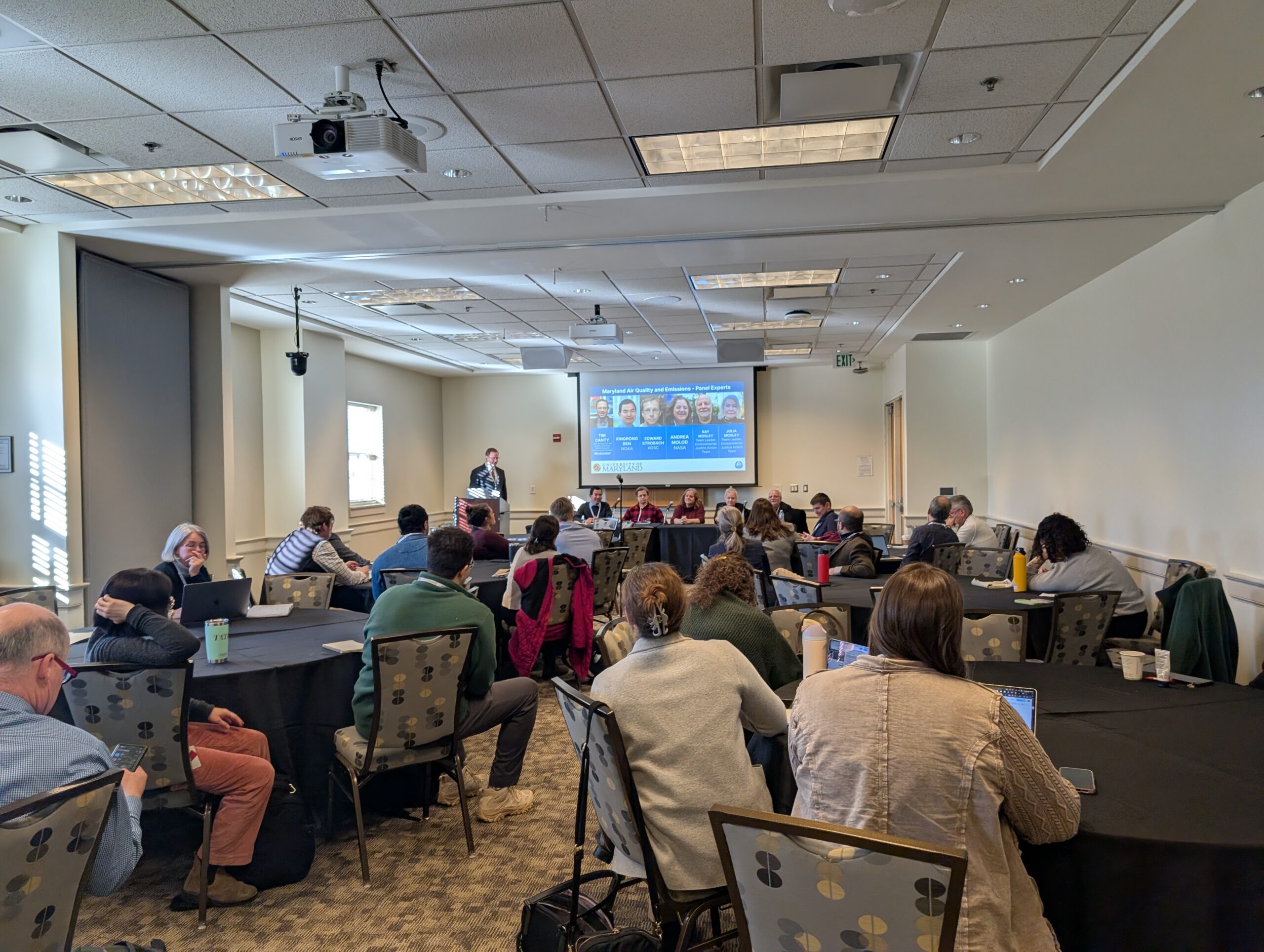 The "Maryland air quality and emissions" session was moderated by Tim Canty. Panelists - Xinrong Ren, Edward Strobach, Ray Mosley, Julia Mosley, Andrea Molod.
Photo by Cazzy Medley