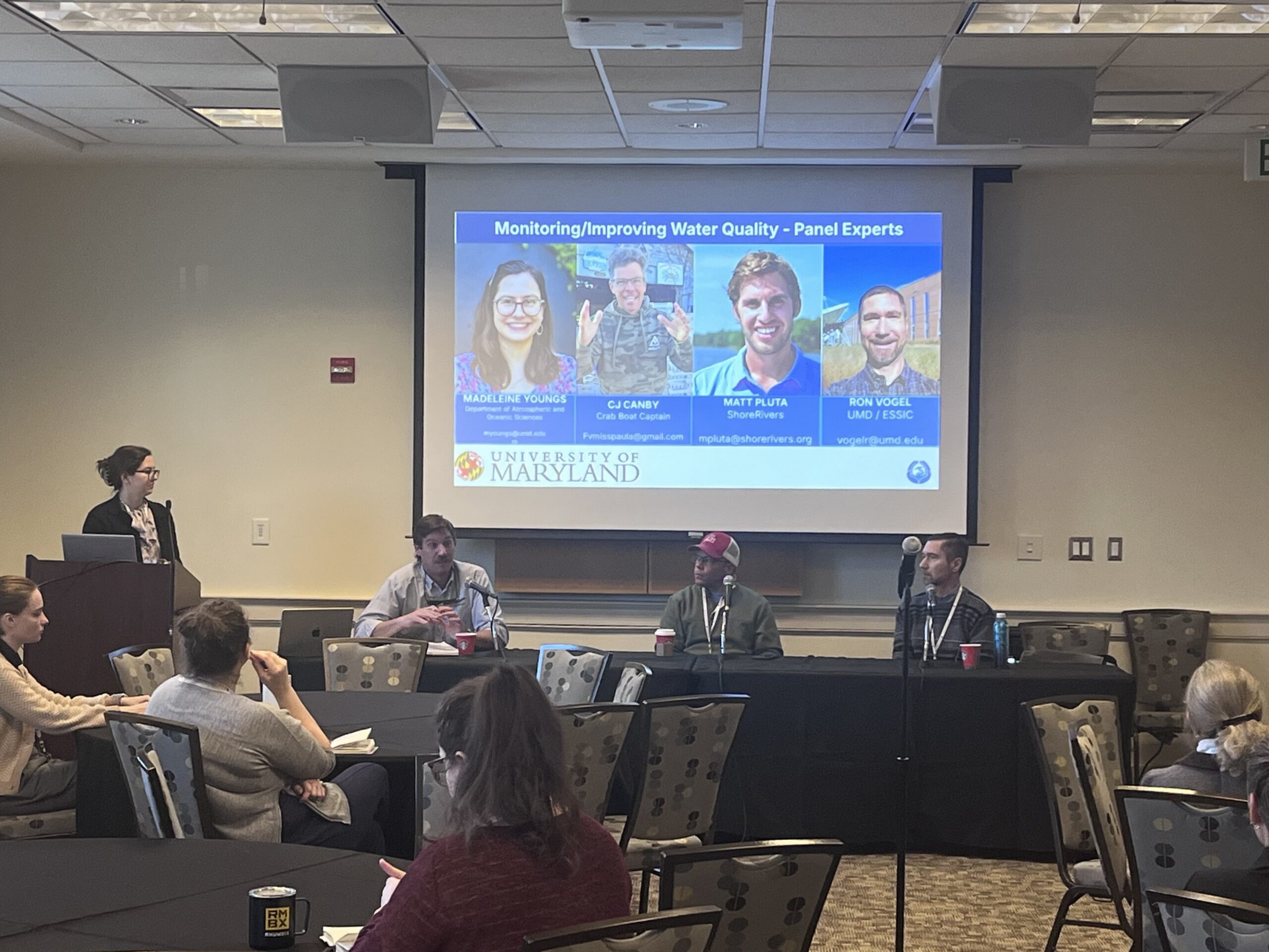 The "Monitoring and improving water quality" session was moderated by Madeleine Youngs. Panelists were Ron Vogel, Matt Pluta, CJ Canby. Photo by Kate Cooney