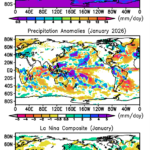 Monthly precipitation and anomalies for January 2026 and the La Nina composite for January
