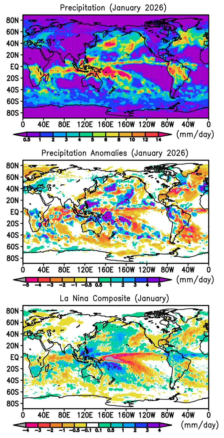 Monthly precipitation and anomalies for January 2026 and the La Nina composite for January