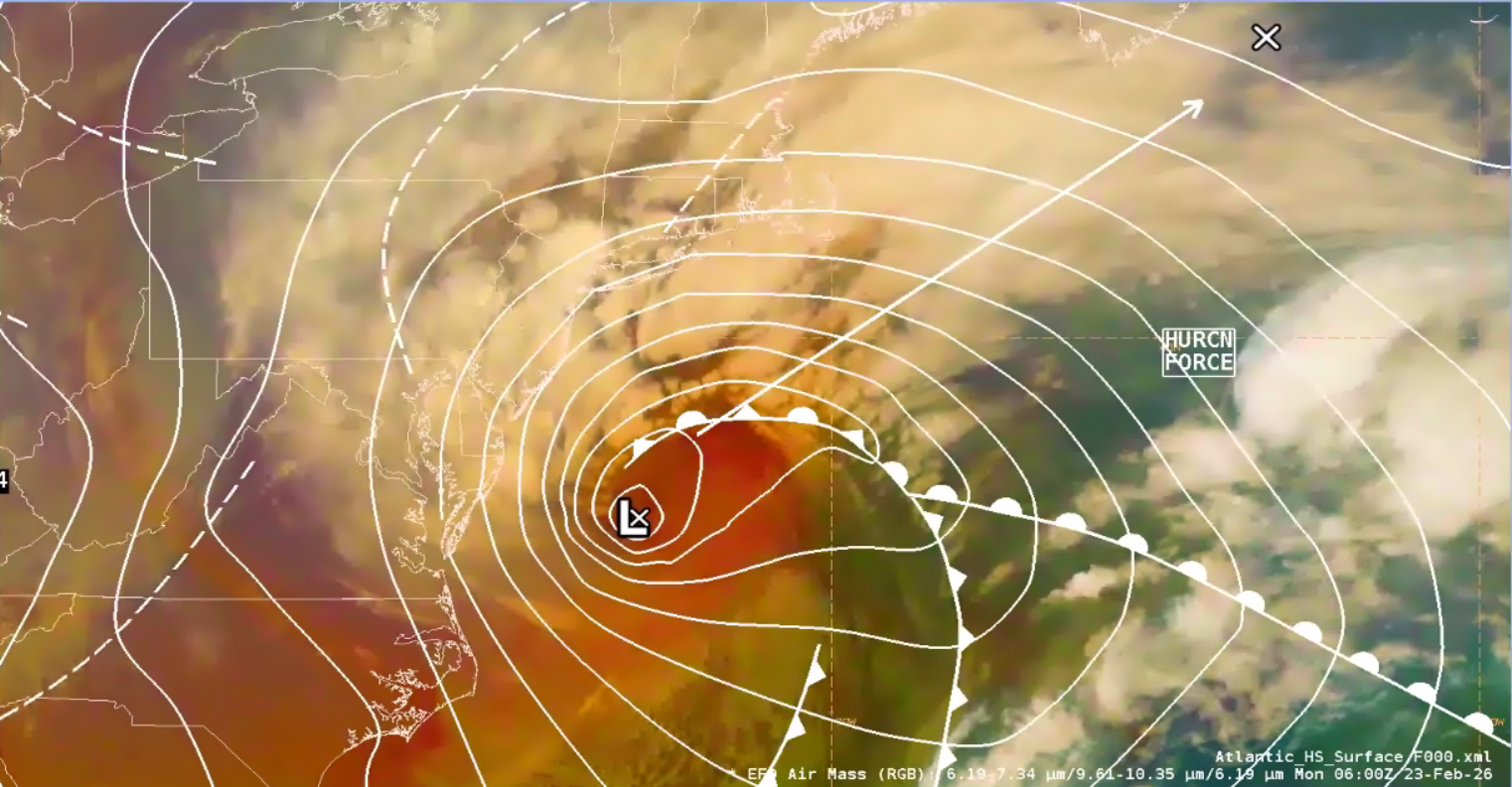 GOES-East Air Mass RGB overlaid with the NWS OPC North Atlantic Surface Analysis