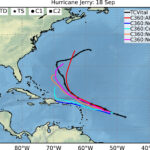 A map centering on the Bahamas, with different colored lines indicating observations from the assimilation process on Hurricane Jerry's track