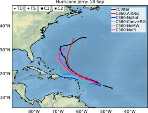 A map centering on the Bahamas, with different colored lines indicating observations from the assimilation process on Hurricane Jerry's track