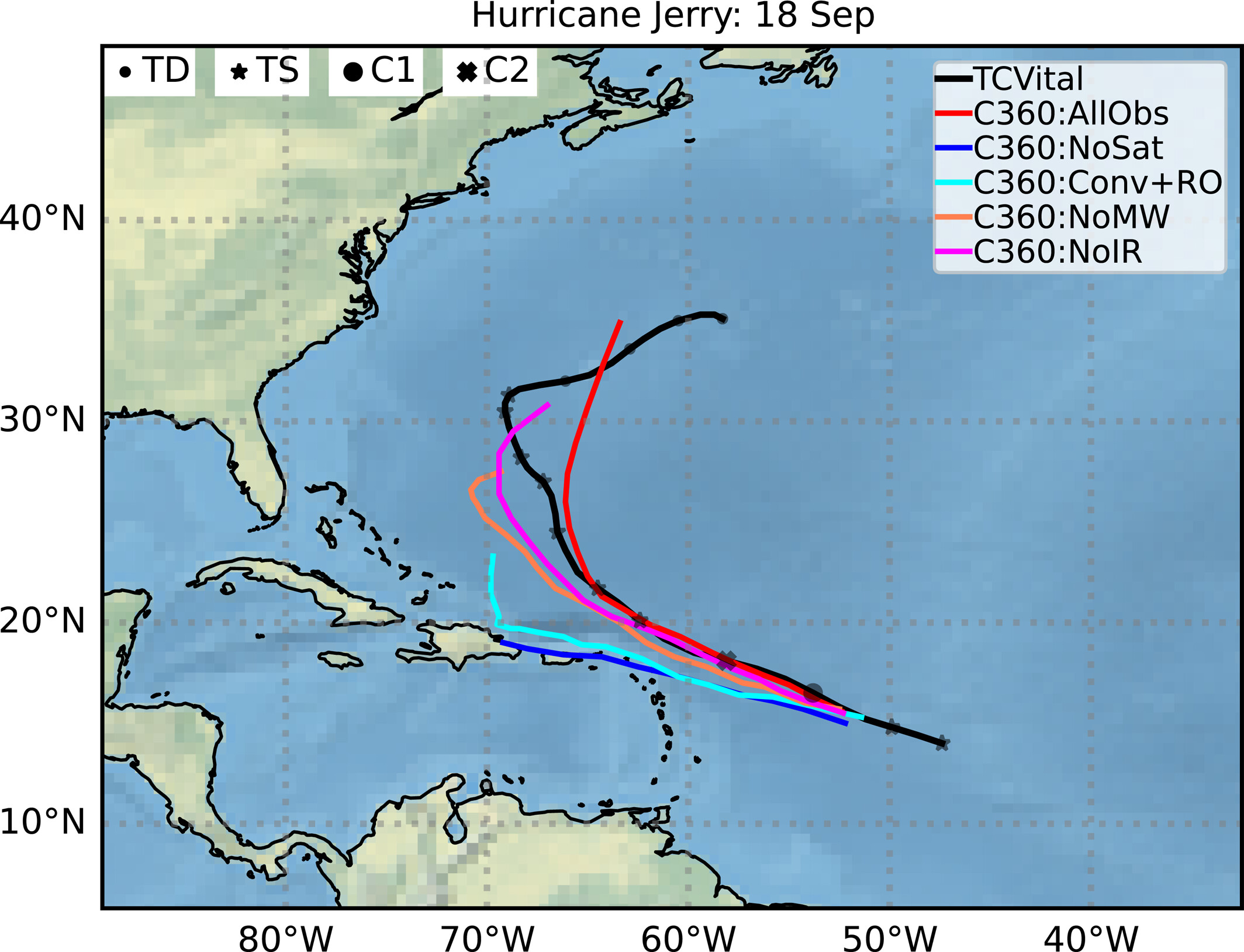 A map centering on the Bahamas, with different colored lines indicating observations from the assimilation process on Hurricane Jerry's track