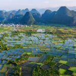 Flooded rice paddies make a grid in a valley next to a rural village