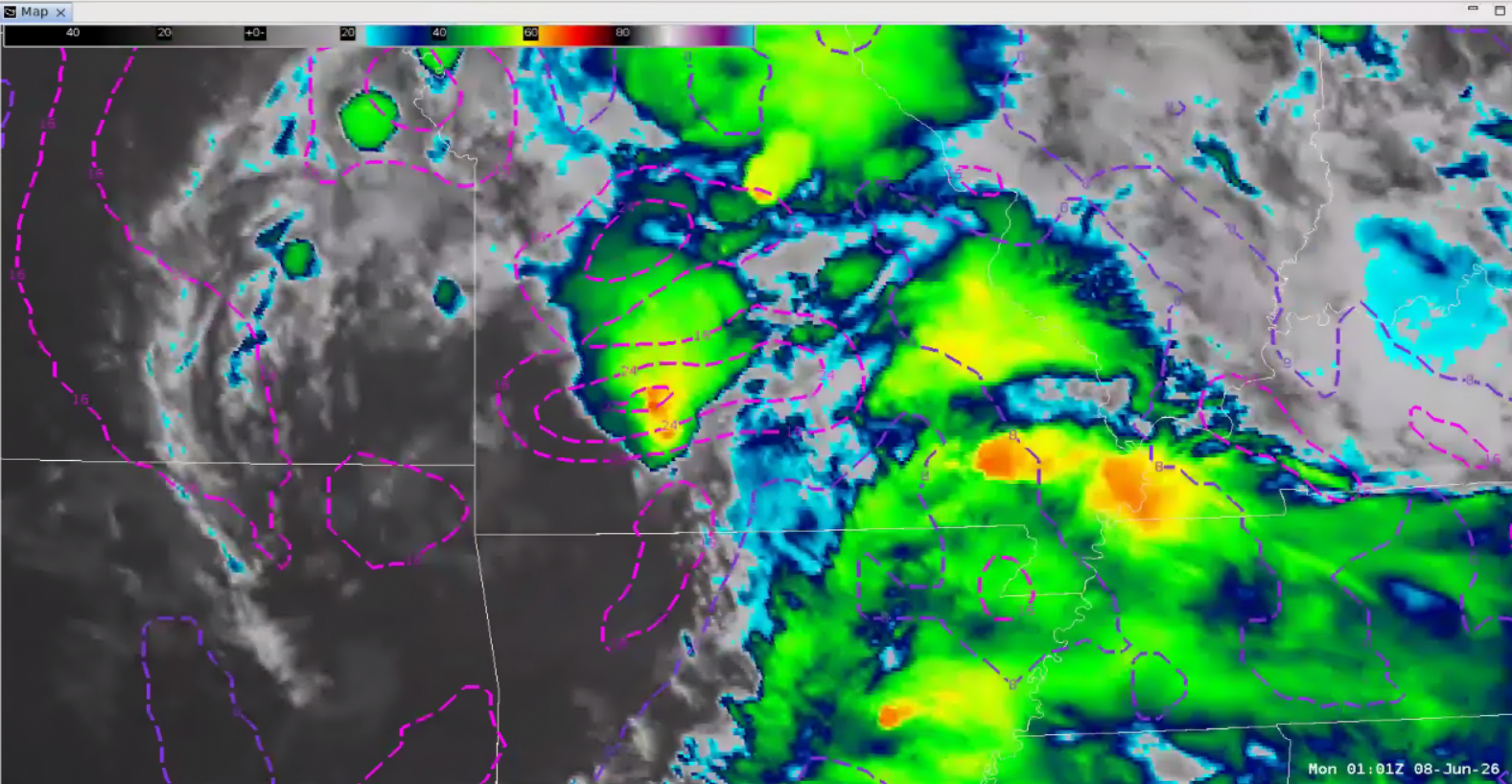 RAP 500 hPa vorticity overlaid on GOES-East IR imagery