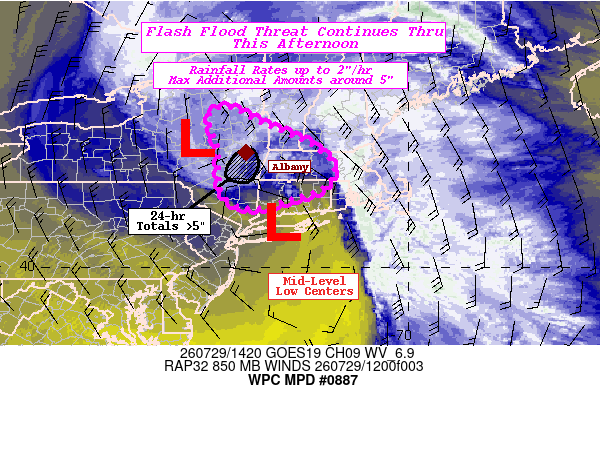 Figure 6: NWS WPC MPD issued at 1440 UTC 29 July 2026, overlaid on GOES-East Mid-Level WV imagery.