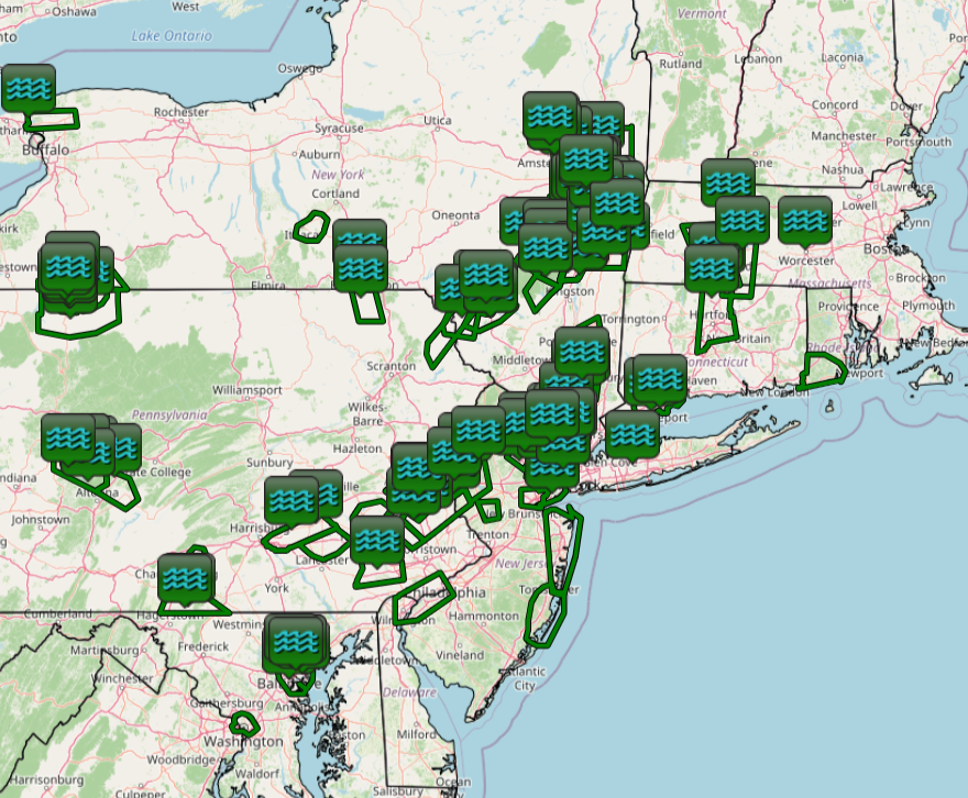 A map of NWS Weather Forecast Office (WFO) Flash Flood Warnings and Flash Flooding Local Storm Reports