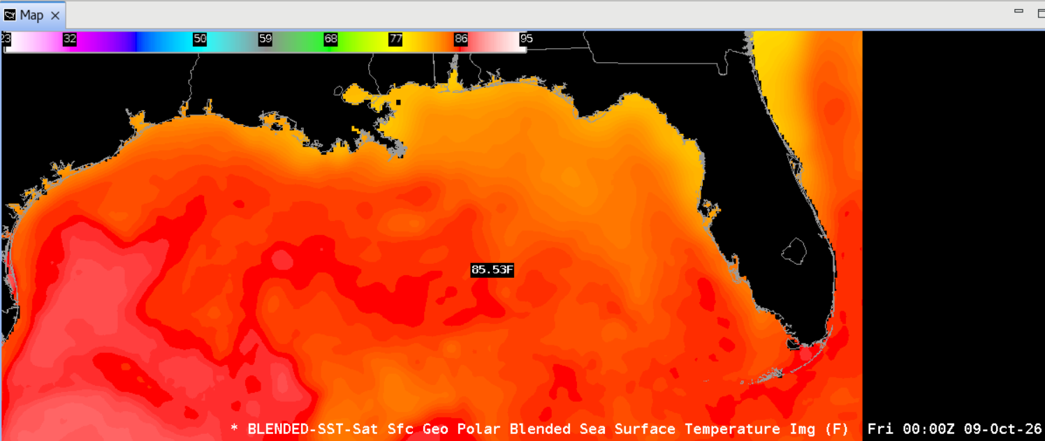 Figure 3: NESDIS GeoPolar Blended SST output at 0000 UTC 09 October 2026. This image was exported from AWIPS, and display files can be shared upon request.