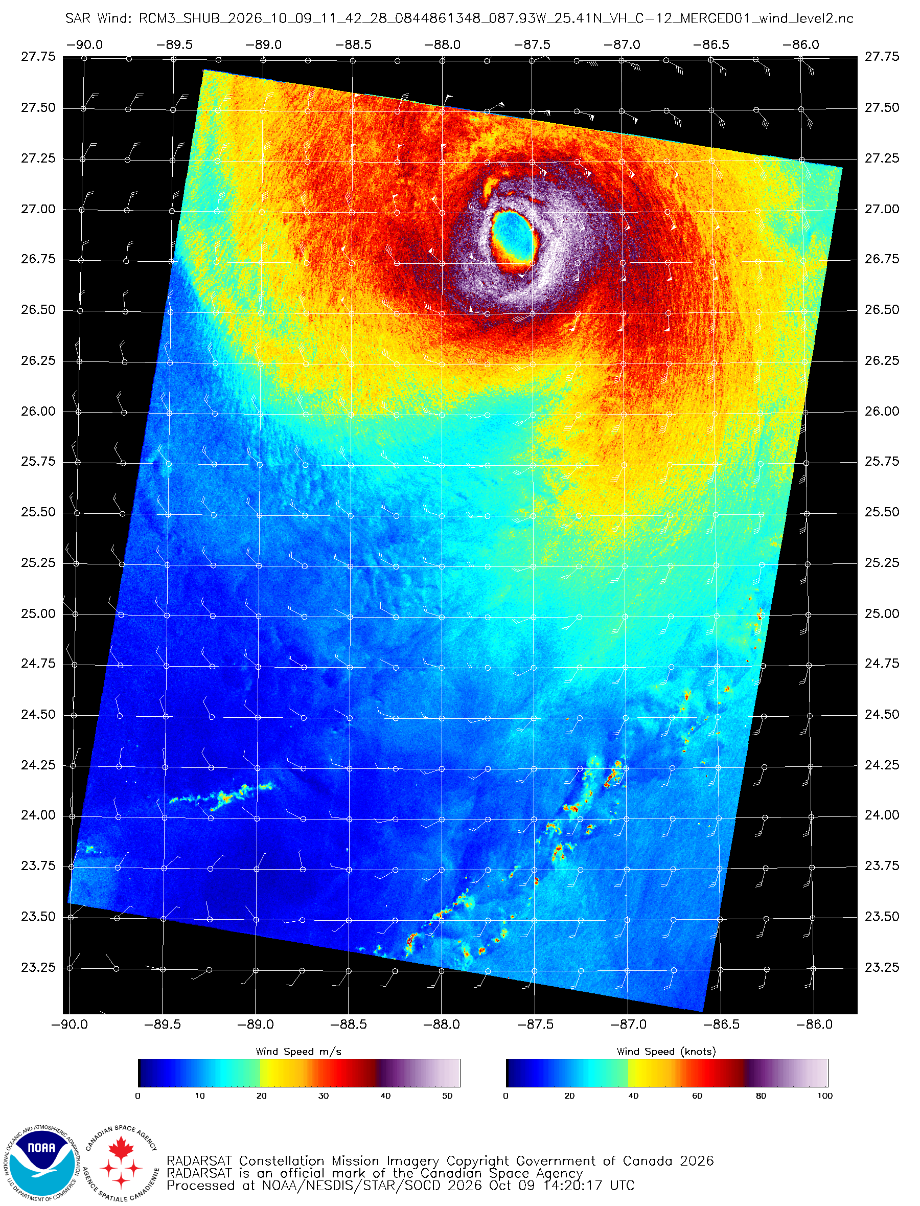 Figure 5: RCM3 SAR Imagery valid at ~1140 UTC 09 October 2026. RADARSAT Constellation Mission Imagery Copyright Government of Canada 2026. RADARSAT is an official mark of the Canadian Space Agency. Credit: NESDIS/STAR