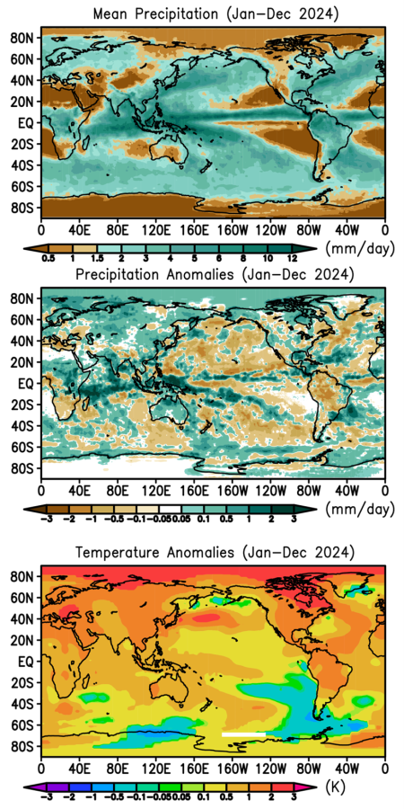 Figure 2. Mean global precipitation pattern for 2024 (top panel), precipitation anomaly pattern (middle panel) and surface temperature anomaly pattern (bottom panel) from NASA GISS surface temperature analysis.